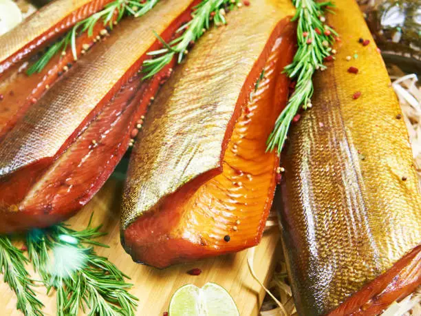 Photo of Cold smoked fish on the counter in store