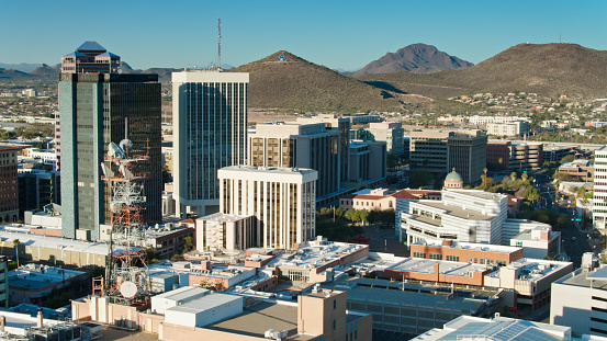 Downtown Tucson, Arizona, looking beyond towards Sentinel Peak Park.