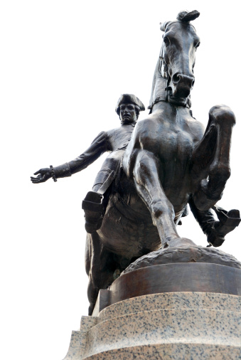 The Midnight Ride of Paul Revere. Bronze Statue of Paul Revere in the historic North End, Boston (USA). Work of American sculptor Cyrus Dallin (1861-1944)