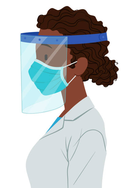 Protecting health Side view of healthcare professional wearing protective equipment against COVID-19, surgical mask and face shield nurse face shield stock illustrations