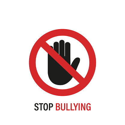 Stop Bullying Sign. Stop Bullying and Child Abuse in the School. Verbal, Social, Physical, Cyberbullying concept. Social Problems. Black Palm of Hand icon and Red Sign. Vector illustration.