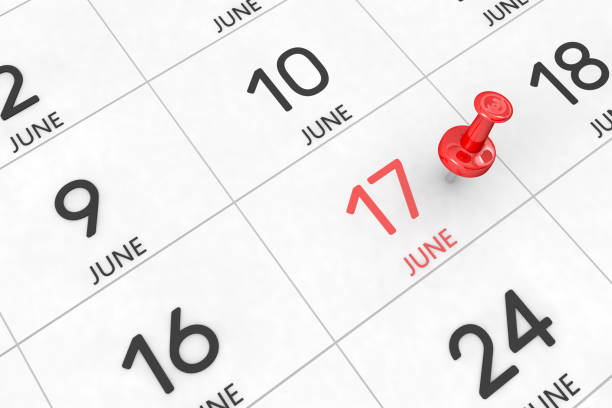 3d rendering of important days concept. 3d rendering of important days concept. June 17th. Day 17 of month. Red date written and pinned on a calendar. Summer month, day of the year. Remind you an important event or possibility. Number 17 stock pictures, royalty-free photos & images