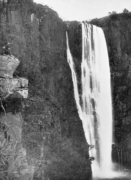 Howick Falls at the town of Howick in Kwazulu-Natal, South Africa. Vintage photo etching circa 19th century.