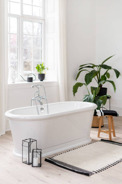 istock Modern apartment with white bathtub in light bathroom 1315464318