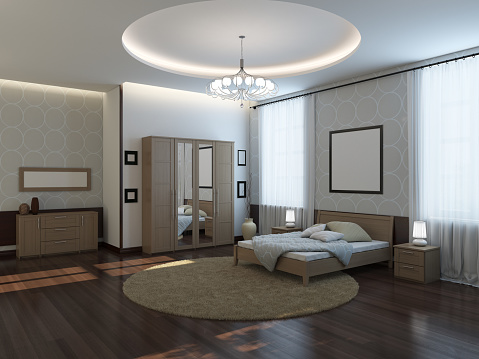 Modern Bright Bedroom Interior with Bed, Wardrobe with Mirror, Bedside Tables, Round Carpet, Dark Parquet Floor and Empty Frames on the Walls. 3D Illustration, 7680x5760