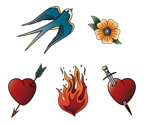 Vector illustration of Set of old school American traditional tattoos swallow, flower, heart, arrow, dagger, flame