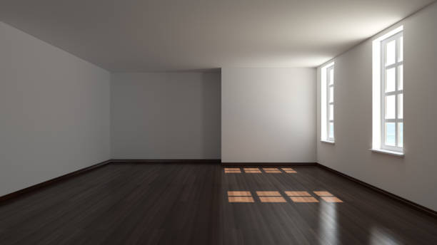 istock Empty Interior with Two Windows, White Plastered Walls and Dark Parquet Floor Lit by the Sun. 3D Rendering, Ultra HD 8K 7680x4320 1315468858
