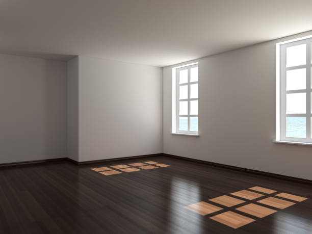istock Empty Interior with Two Windows, White Plastered Walls and Dark Parquet Floor Lit by the Sun. Work Path on Windows. 3D Illustration, 7680x5760 1315469103