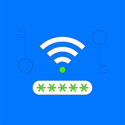 Share Wi-Fi password vector illustration. WiFi symbol, password input field and two key isolated on blue background. Data protection concept. Flat thin line style.