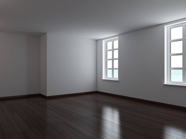 istock Empty Interior with Two Windows, White Plastered Walls and Dark Parquet Floor with Work Path on Windows. 3D Rendering, 7680x5760 1315469568