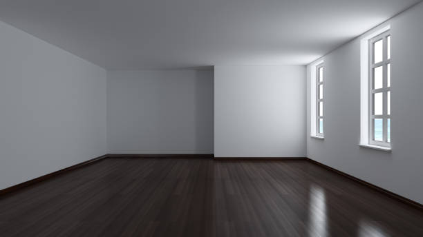 istock Empty Interior with Two White Windows, White Plastered Walls and Dark Parquet Floor with Work Path on Windows. 3D Rendering, Ultra HD 8K 7680x4320 1315470542