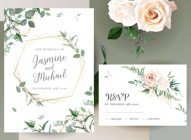 Greenery, pink an creamy rose flowers vector design invitation frames Greenery, pink an creamy rose flowers vector design invitation frames. Rustic wedding greenery. Mint, green, peachy tones. Watercolor save the date cards. Summer rustic style. Isolated and editable wedding stock illustrations