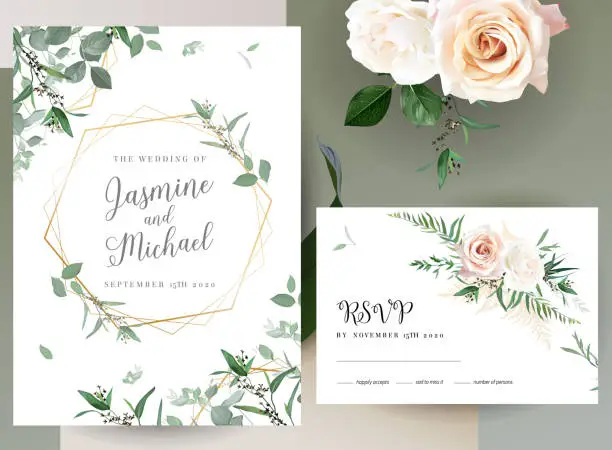 Vector illustration of Greenery, pink an creamy rose flowers vector design invitation frames