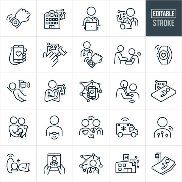 IoT In Healthcare Thin Line Icons - Editable Stroke A set of IoT, or Internet of Things in Healthcare icons. The icons have editable strokes or outlines when using the vector file format. The icons include smart devices, smartwatch, fitness tracker, hospital with IoT controlled devices, doctor at laptop computer, smartphone displaying medical data on screen, smart devices used in healthcare, medical information being relayed from a device to a doctor, blood pressure check, a patient being monitored remotely by his physician, a network of IoT devices, person getting heart check with stethoscope, patient in be being monitored, mother with newborn in hospital, person with heart-rate monitor relaying information through the internet, connected devices, a MRI machine using IoT at the hospital and other related icons. doctor patient stock illustrations