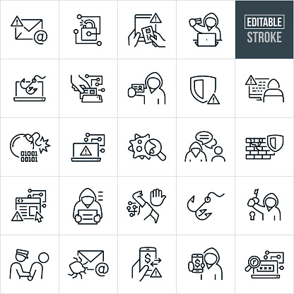 A set of Cybercrime icons that include editable strokes or outlines using the EPS vector file. The icons include cybercriminals, malicious email, email and internet fraud, data breach, unsecured internet connection, identity theft, cybercriminal using stolen credit card, phishing scam, online scams, cybercriminal using malicious code for fraud purposes, computer virus, malware, breached firewall, vulnerable website, cybercriminal under arrest, cybercrime taking place, cybercriminal with a key to a lock, insecure electronic money transfer and password breach to name a few.