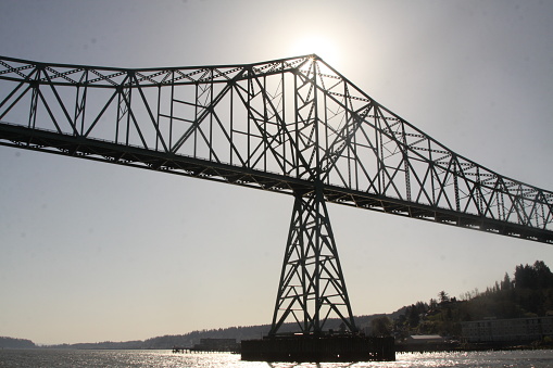 The Astoria-Megler bridge in silhouette at the Washington Oregon border
