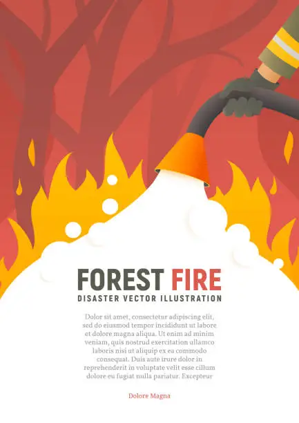 Vector illustration of Forest fire vector placard. Fire safety illustration. Precautions the use of fire poster template. A firefighter fights a woods fire cartoon flat design. Natural disasters