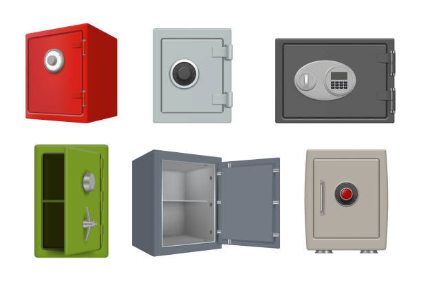 illustrazioni stock, clip art, cartoni animati e icone di tendenza di deposito sicuro in acciaio. sicurezza 3d box investimento personale proteggere grande armadio con grandi armadietti elettronici decente vettore realistico set di raccolta - combination lock variation lock safe