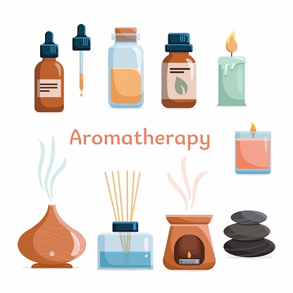 Aromatherapy icon set with essential oils for spa and massage. Bottles with natural aroma oils, herbs, diffuser, candle for wellness and beauty Homeopathy and ayurveda therapy.