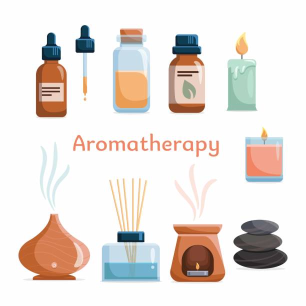 Aromatherapy set with essential oils Aromatherapy icon set with essential oils for spa and massage. Bottles with natural aroma oils, herbs, diffuser, candle for wellness and beauty Homeopathy and ayurveda therapy. home fragrance stock illustrations