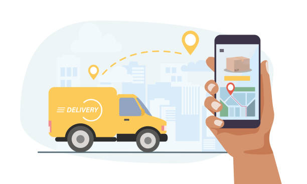 ilustrações, clipart, desenhos animados e ícones de conceito de serviço de entrega, carro de entrega amarelo, smartphone de mão com localização - equipamento de monitorização