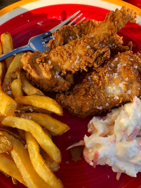 close-up image of golden brown crispy, southern fried chicken breast, thighs and wings served on plate with french fries and coleslaw, fast-food takeaway meal, elevated view - breadcrumb navigation imagens e fotografias de stock