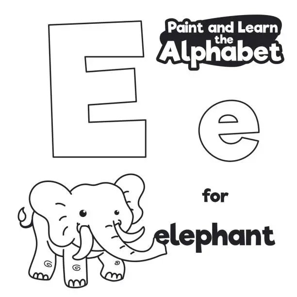 Vector illustration of Didactic Alphabet to Color it, with Letter E and Elephant