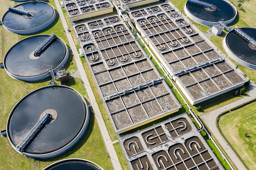 Top aerial view of wastewater treatment plant.