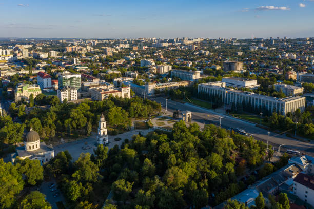 Aerial view of Cathedral Park and Government House in the center of Chisinau, capital of Moldova, at sunset Chisinau, Moldova, August 2020: Aerial view of Cathedral Park and Government House in the center of Chisinau, capital of Moldova, at sunset moldavia photos stock pictures, royalty-free photos & images