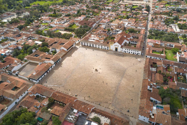 Aerial view of Villa de Leyva square. Colombia. Aerial view of the main square of the old town of Villa de Leyva. Boyaca Department. Colombia. boyacá department photos stock pictures, royalty-free photos & images