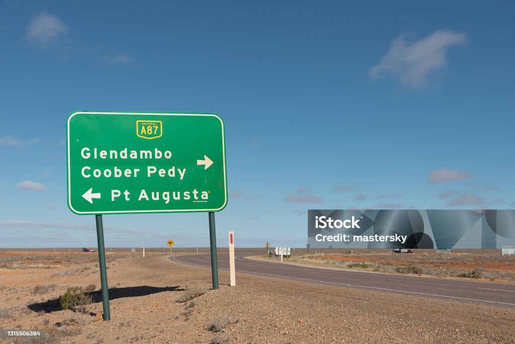 Australian road sign on Sturt Highway neat Marla South Australia with directions to Port Augusta, Glendambo and Coober Pedy Australia Stock Photo