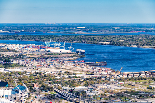 The distant port of Jacksonville, Florida shot aerially from an altitude of about 1000 feet over the St. John's River.