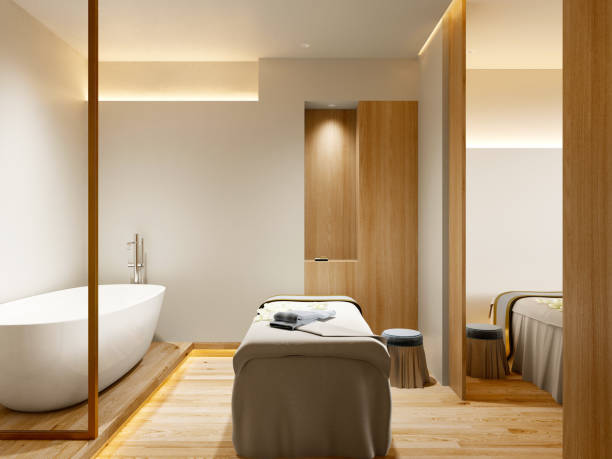 3d render of massage room - massage table imagens e fotografias de stock