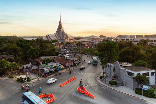 Aerial view pagoda at Wat Sothon Wararam in the morning, Chachoengsao Province, Thailand
