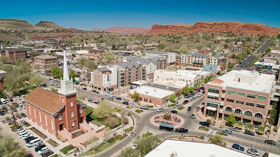 Drone shot of the city of St. George in Washington County, southwestern Utah on a sunny spring day.