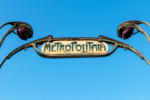 Parisian Metro signpost. Paris in France, near Montmartre. March 8, 2021