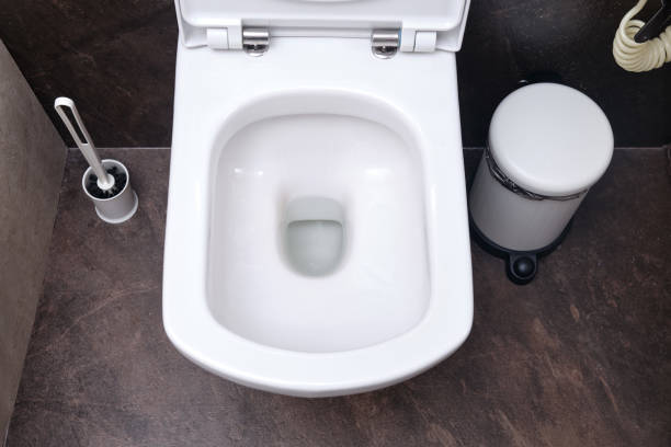 Clean toilet bowl with drain hole, top view. Toilet brush and trash can on black tiles Clean toilet bowl with drain hole, top view. Toilet brush and trash can on black tiles toilet brush photos stock pictures, royalty-free photos & images