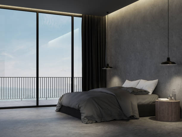 istock Minimal loft style bedroom with sea view background 3d render 1315538334