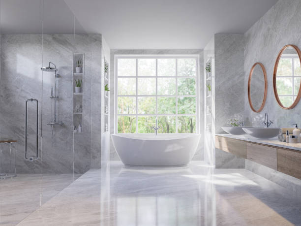 istock Luxury style light gray bathroom with nature view 3d render 1315538335