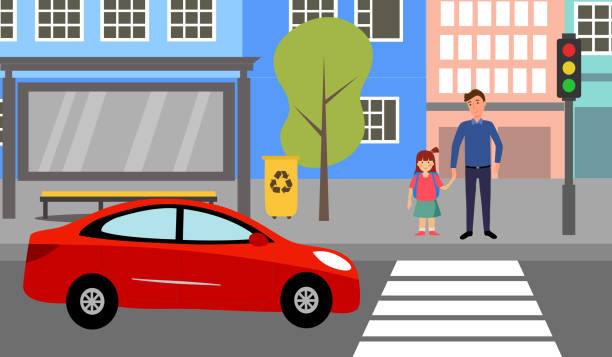 ilustraciones, imágenes clip art, dibujos animados e iconos de stock de padre soltero con hijos esperando para cruzar la carretera en el paso de peatones con ilustración vectorial de semáforo. carretera, coche, calle de la ciudad, papá e hija y semáforo en diseño plano. - avenue