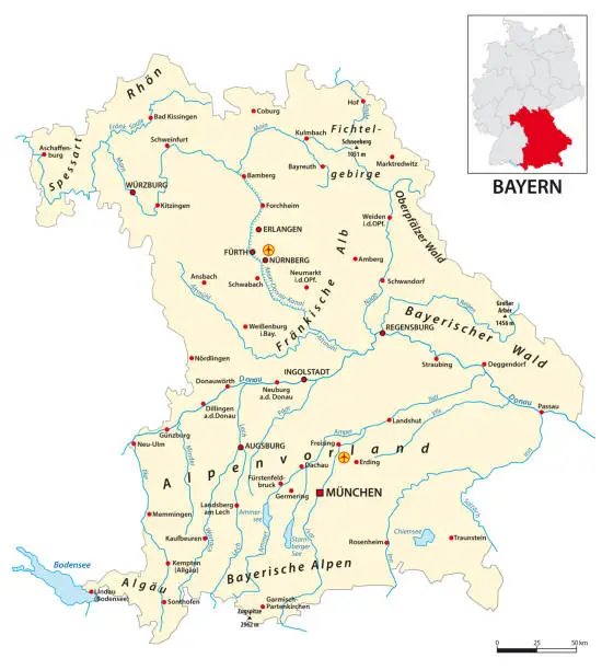 Vector illustration of Map of the state of Bavaria in German language