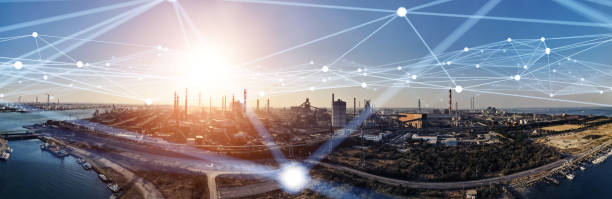 Modern factory and communication network concept. Telecommunication. IoT (Internet of Things). ICT (Information communication Technology). 5G. Smart factory. Digital transformation.