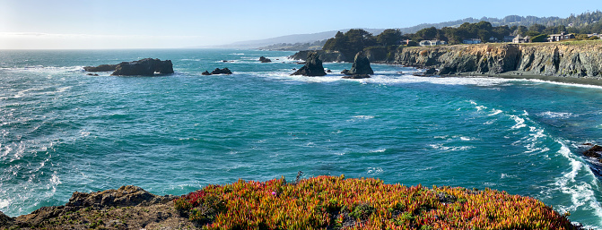 Rocky cliffs by the ocean, view from bluffs, beautiful dramatic seascape, Montana de Oro State Park, California