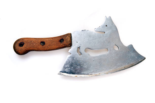 Castilla La Mancha, Spain. Man's lumberjack hand holding an axe against a piled pieces of firewood in wood
