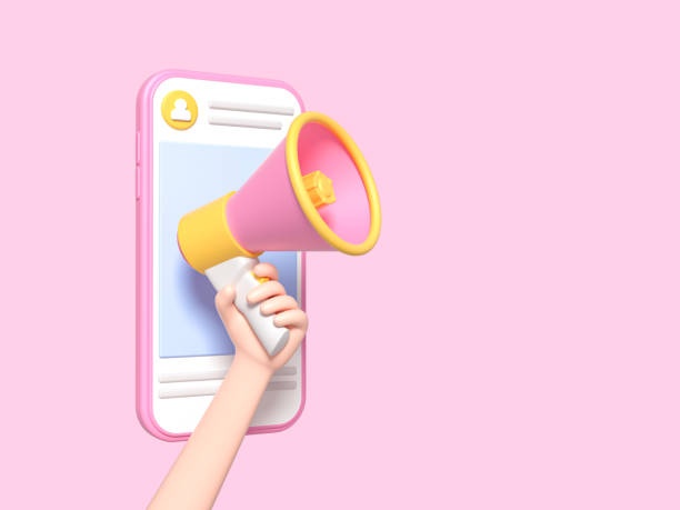 istock Post information alert from hand with an megaphone or loudspeaker on a phone. Flat cartoon announce notification banner sign on a pink background. 3d render 1315552768