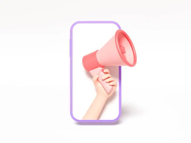 News information alert from hand with an megaphone or loudspeaker on a phone. Flat cartoon announce notification banner sign on a blue background. 3d render