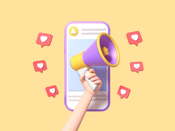 istock Post information alert from hand with megaphone or loudspeaker on a phone with pin like. Flat cartoon announce notification banner sign on a yellow background. 3d render 1315552777