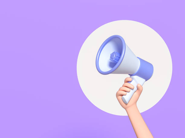 istock Cartoon hand holding megaphone with speech bubble on purple background with copy space. 3d render illustration 1315552818