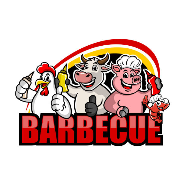 grill- und saucen-logo - grillhühnchen stock-grafiken, -clipart, -cartoons und -symbole