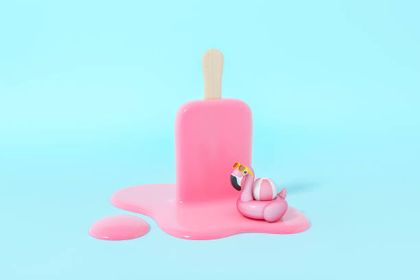 różowy kij lody topnienia z pink flamingo float, tropikalny kształt ptaka nadmuchiwany pierścień basen na niebieskim tle renderowania 3d. 3d ilustracja lato minimalna koncepcja. - ice float zdjęcia i obrazy z banku zdjęć